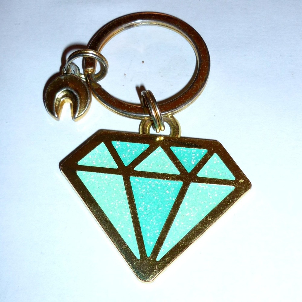 Gold Tone Mint Green Glitter Diamond Keychain with Crescent Moon Charm